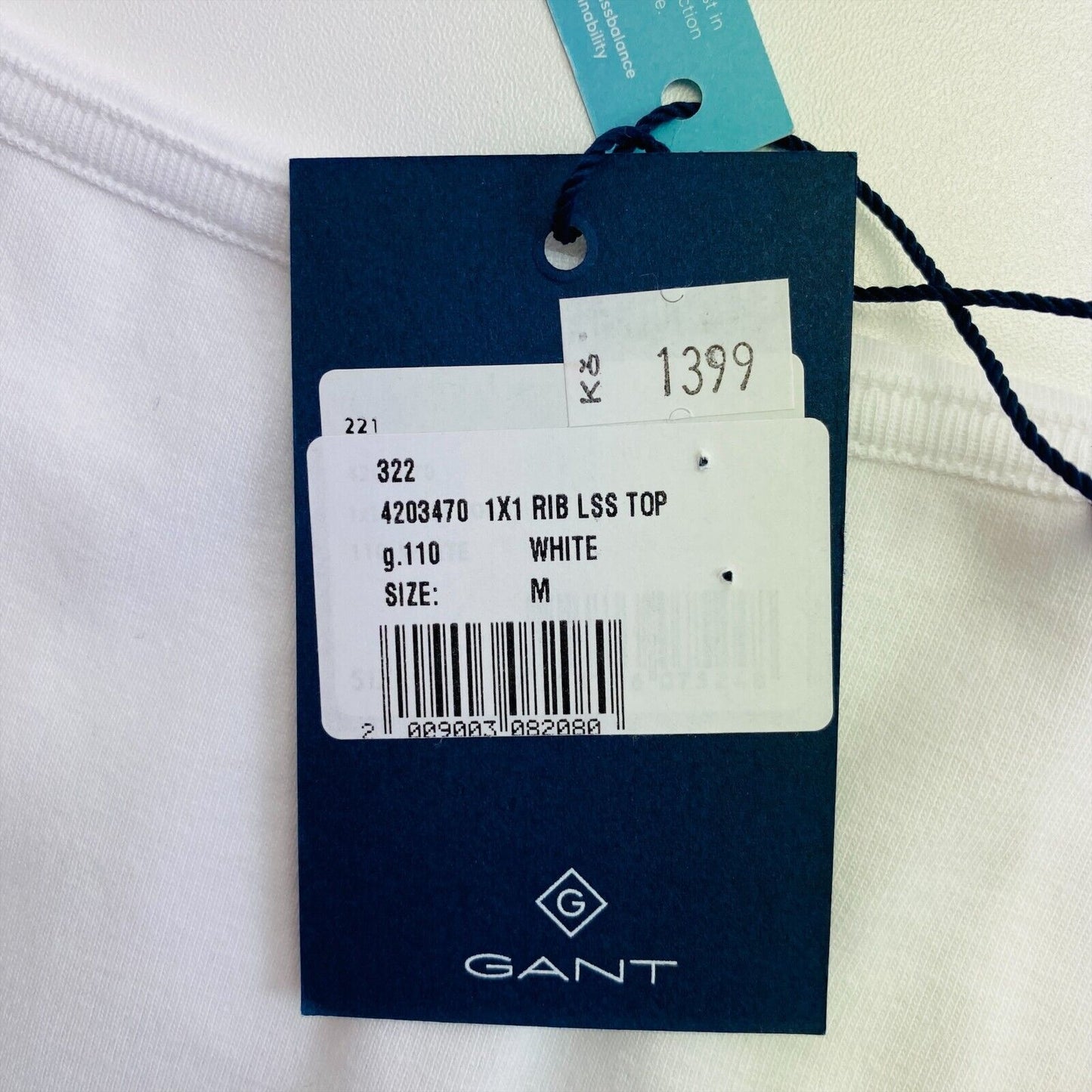 GANT White 1x1 Rib Round Neck T Shirt Size M