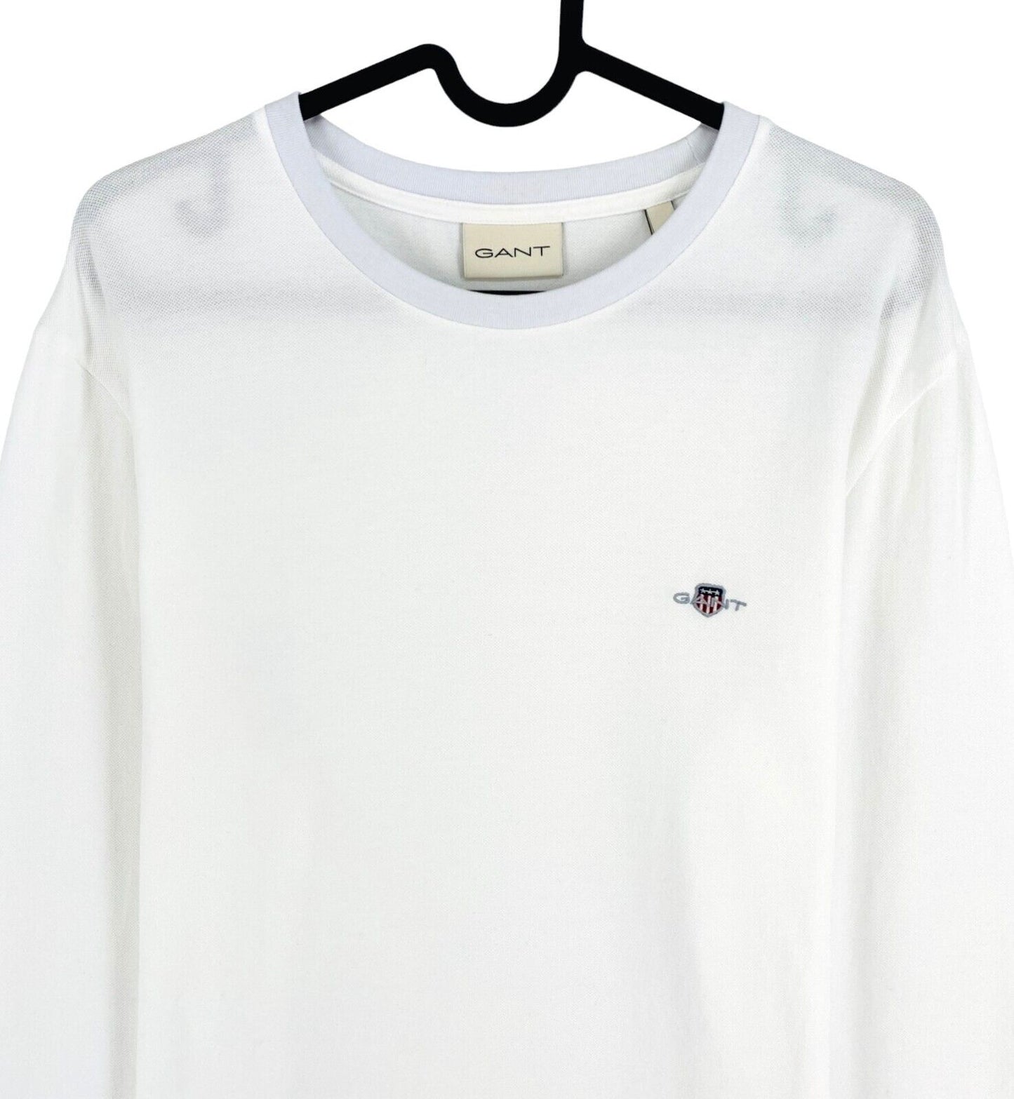 GANT Men White Reg Shield Pique Crew Neck Long Sleeve T Shirt Size L