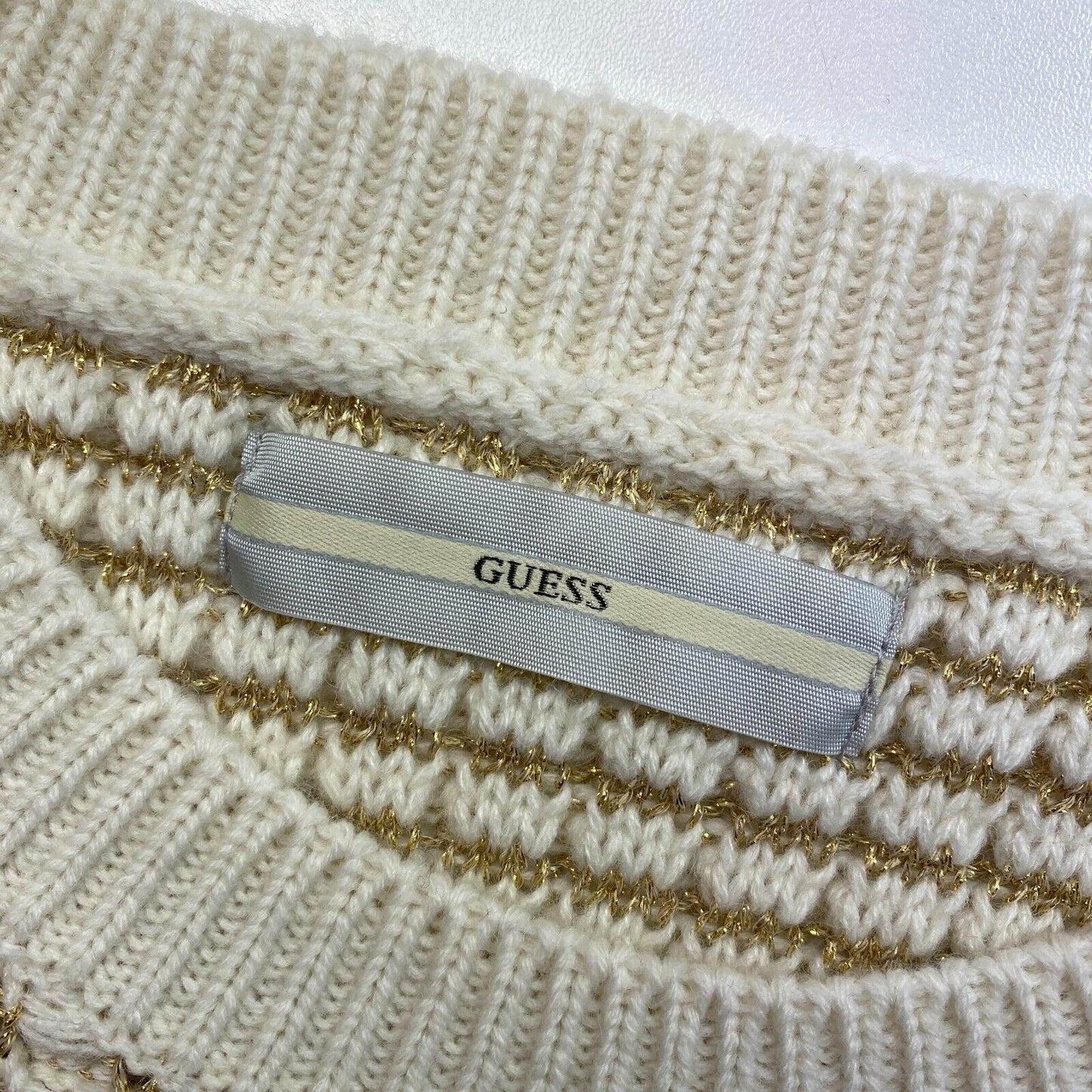 GUESS Beige / Gold Crew Neck Sweater Jumper Pullover Size L