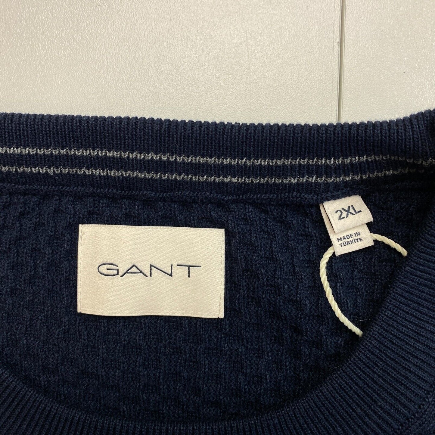 GANT Men Navy Blue Cotton Texture Crew Neck Sweater Pullover Size 2XL XXL