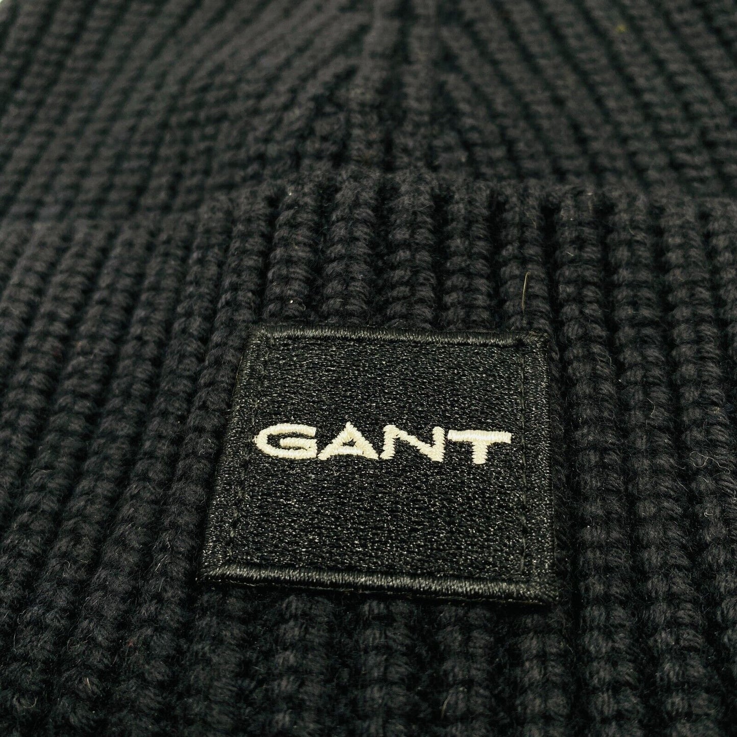 GANT Unisex Adult Black Cotton Wool Blend Rib Knit Beanie Winter Hat One Size