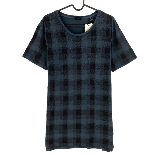 SCOTCH & SODA Navy Blue Check Print Long Fit Crew Neck T Shirt Size M