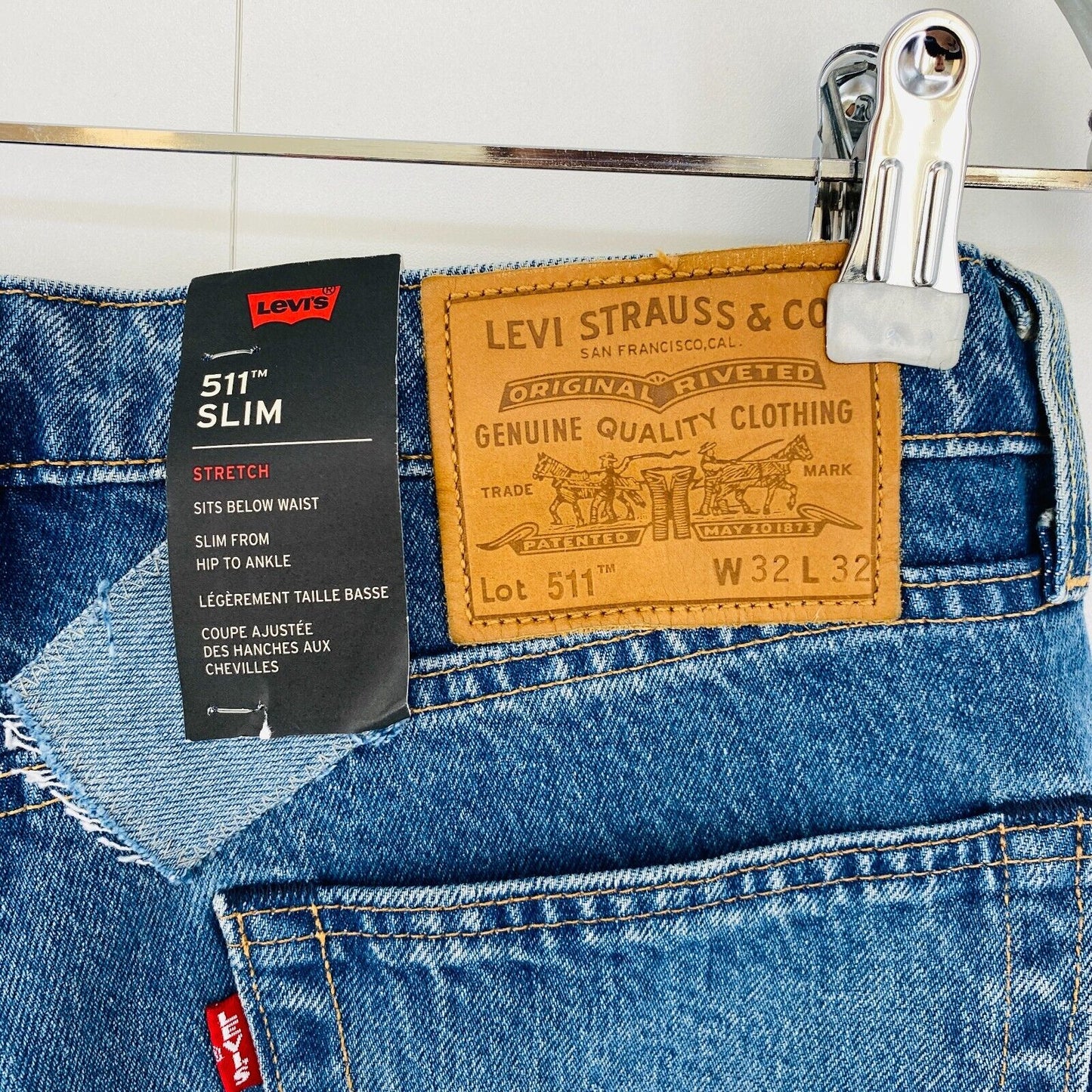 Levi's Premium 511 Blue Stretch Slim Fit Ripped Patched Distressed Jeans W32 L32