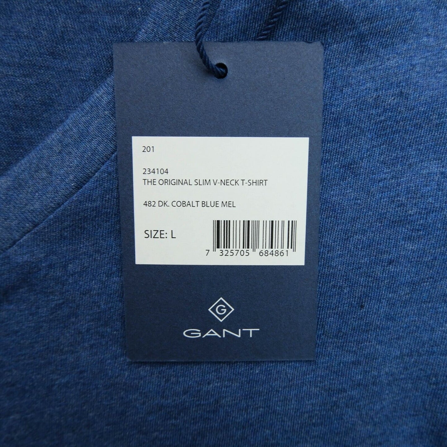 GANT Blue Original Logo V Neck Slim T Shirt Size L