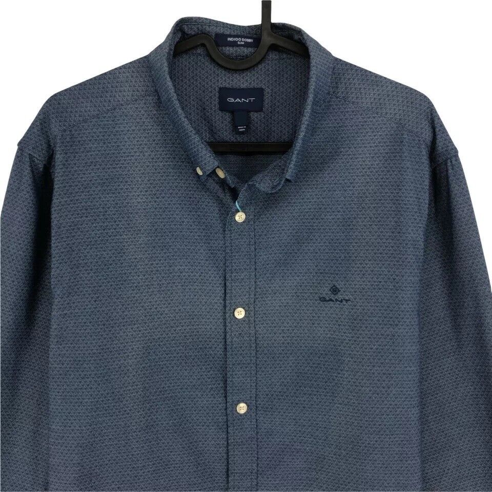 GANT Mens Navy Blue Tech Prep Indigo Dobby Slim Fit Shirt Size M