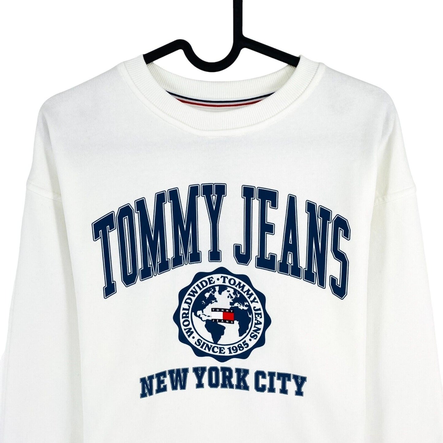 TOMMY HILFIGER JEANS White Crop College Logo Crew Neck Sweater Jumper Size XS