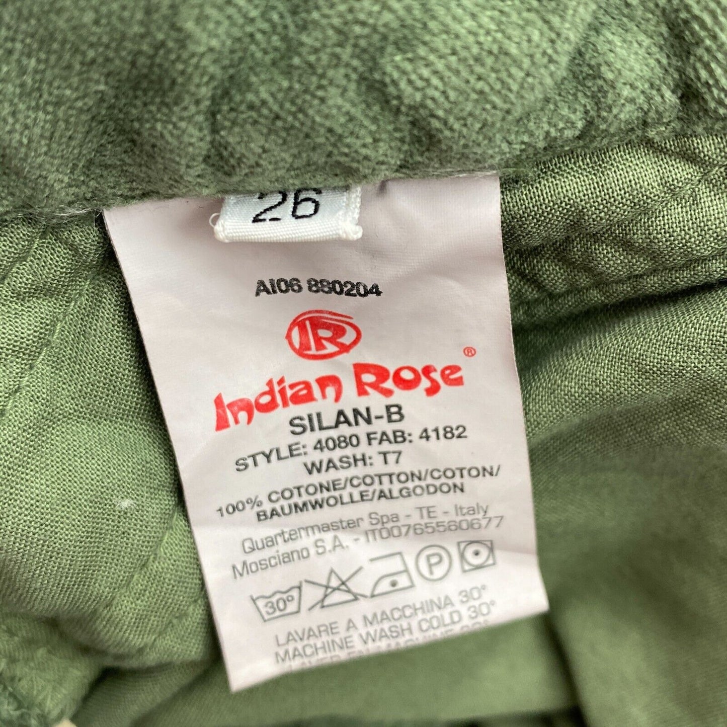 INDIAN ROSE Grüne Bermudashorts, 100 % Baumwolle, Größe 26 W28