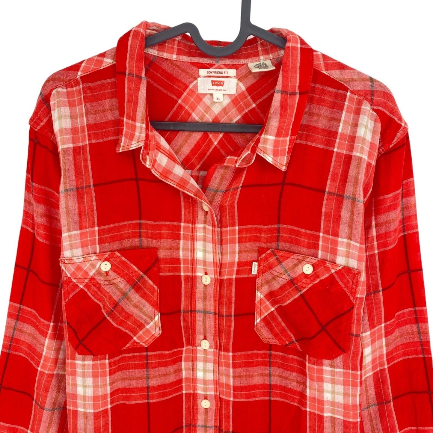 Levi`s Women Red Plaid Boyfriend Fit Long Sleeves Shirt Size XL