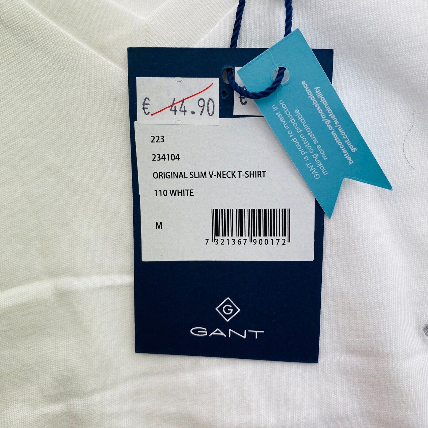 GANT Men White Original Slim Fit V Neck Short Sleeves T Shirt Size M