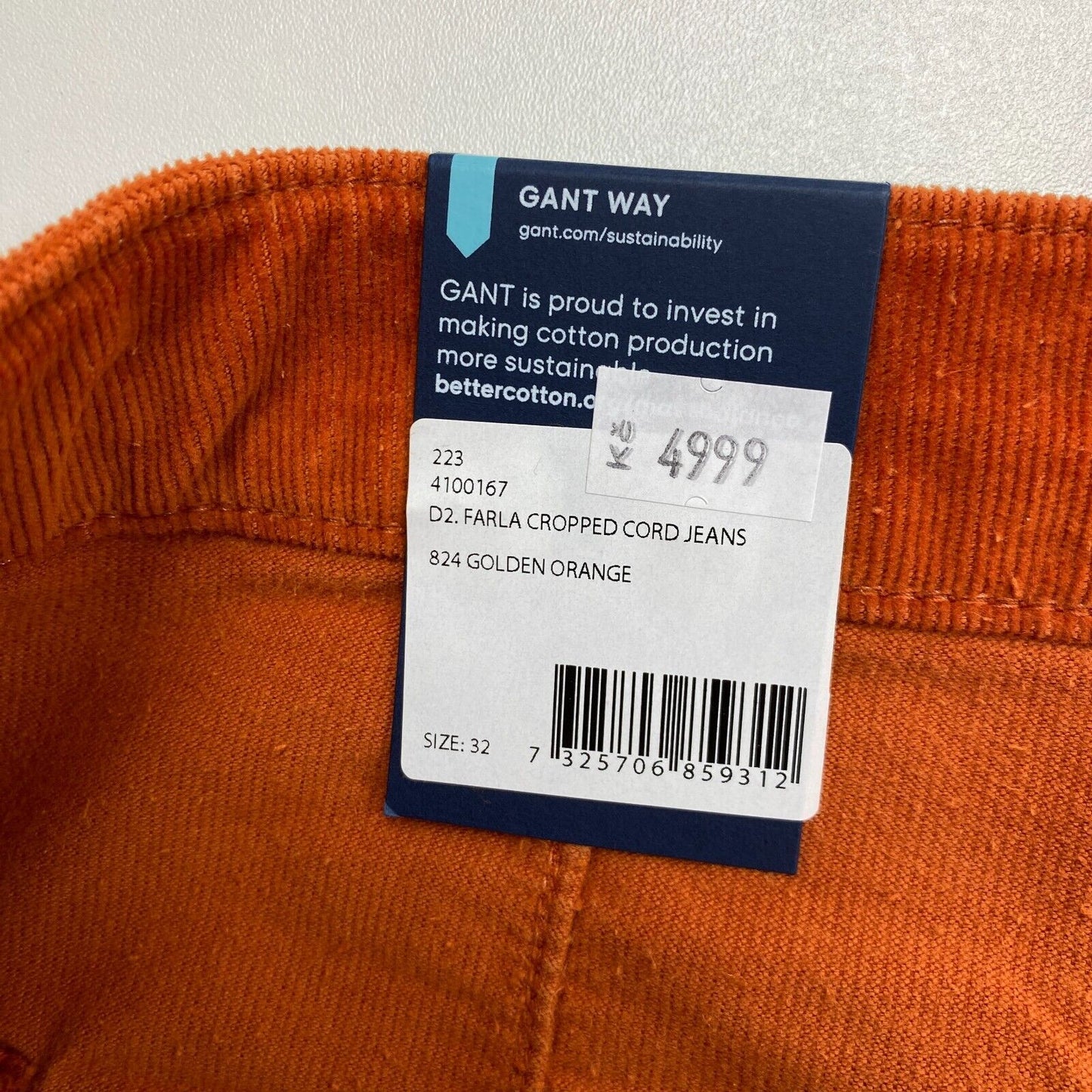 GANT Femmes Orange Foncé FARLA Corduroy Slim Fit Cropped Jeans Taille W32