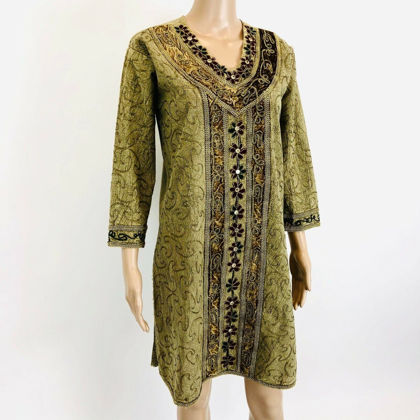 Olive Green Gold Embroided Kaftan Tunic Dress Size S