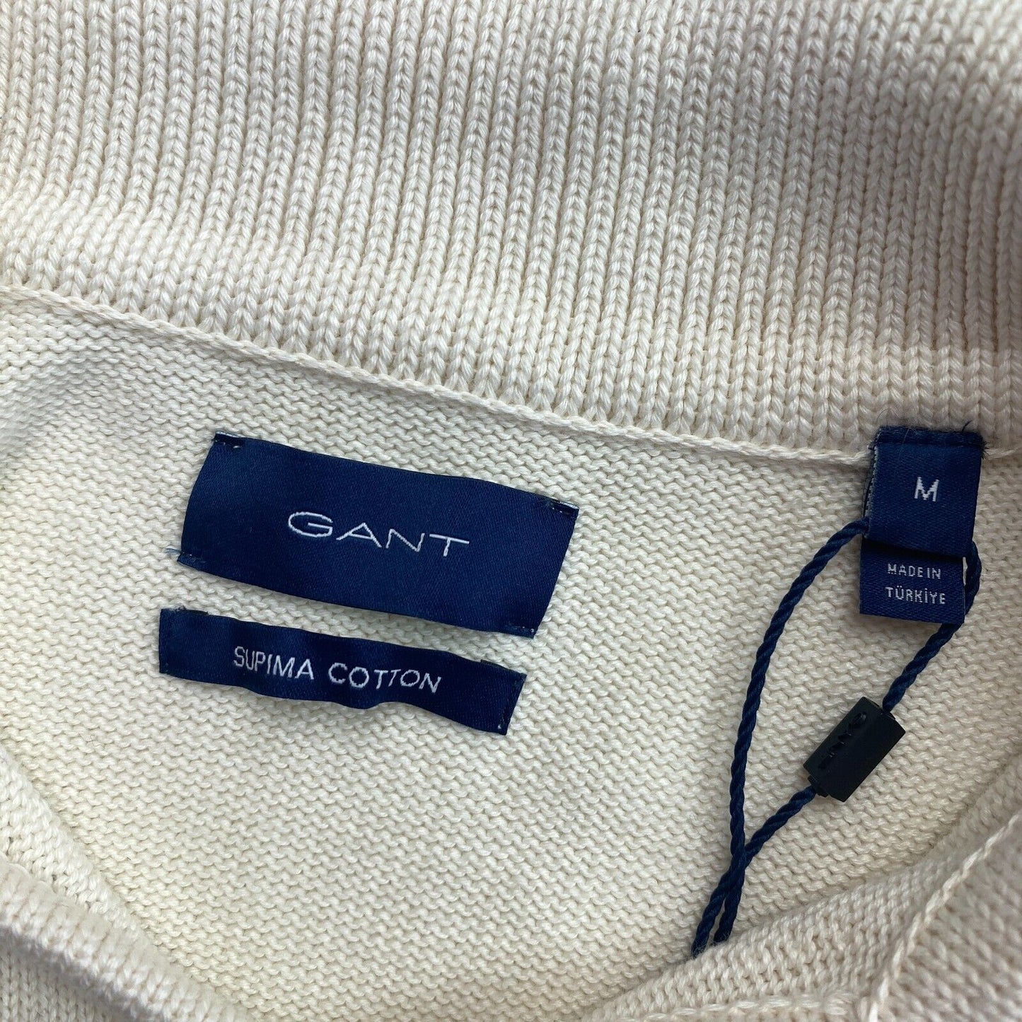 GANT Beige gestreifter Polopullover mit V-Ausschnitt, Größe M