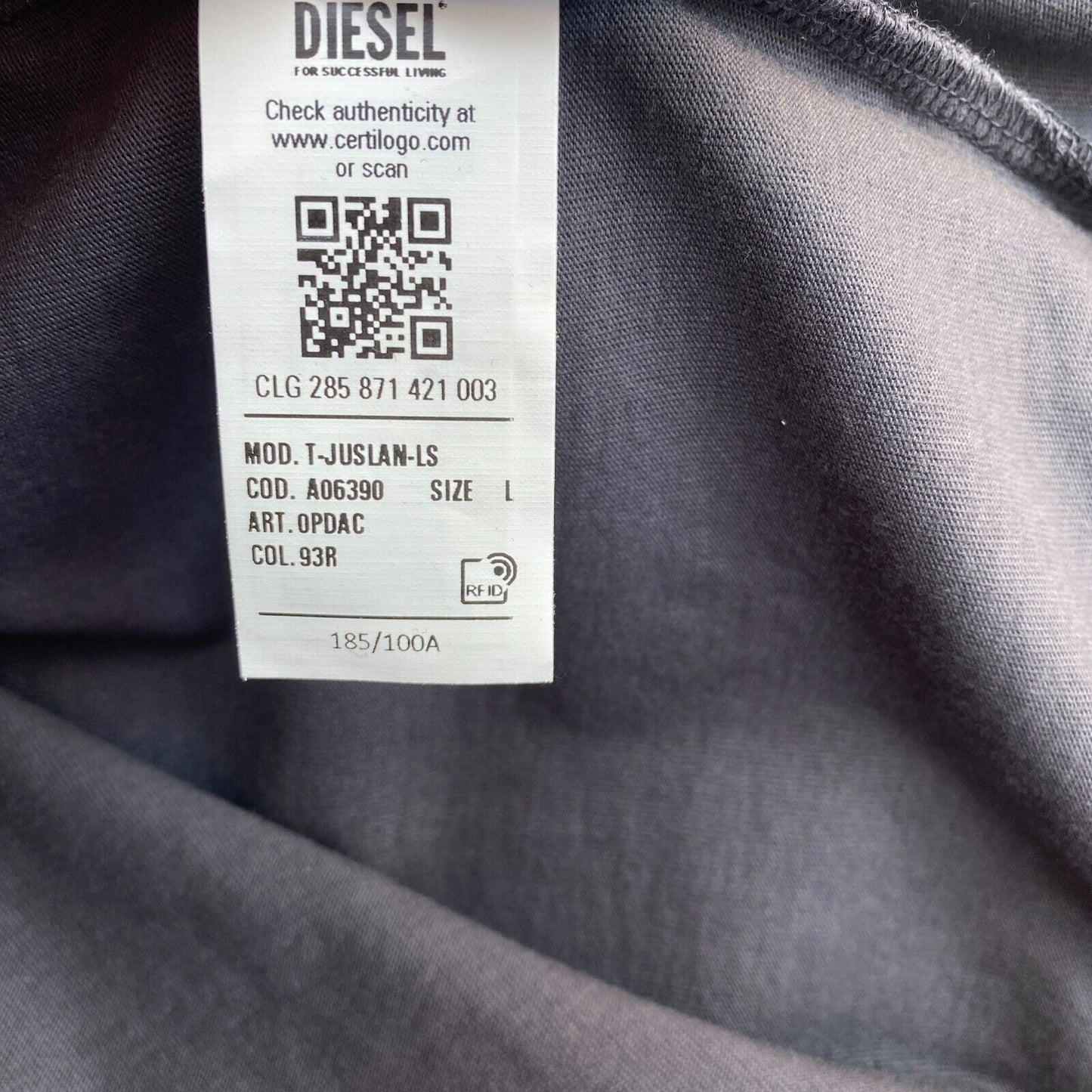 DIESEL T-Shirt mit Rundhalsausschnitt und langem Arm, Dunkelgrau, Logo, Größe L