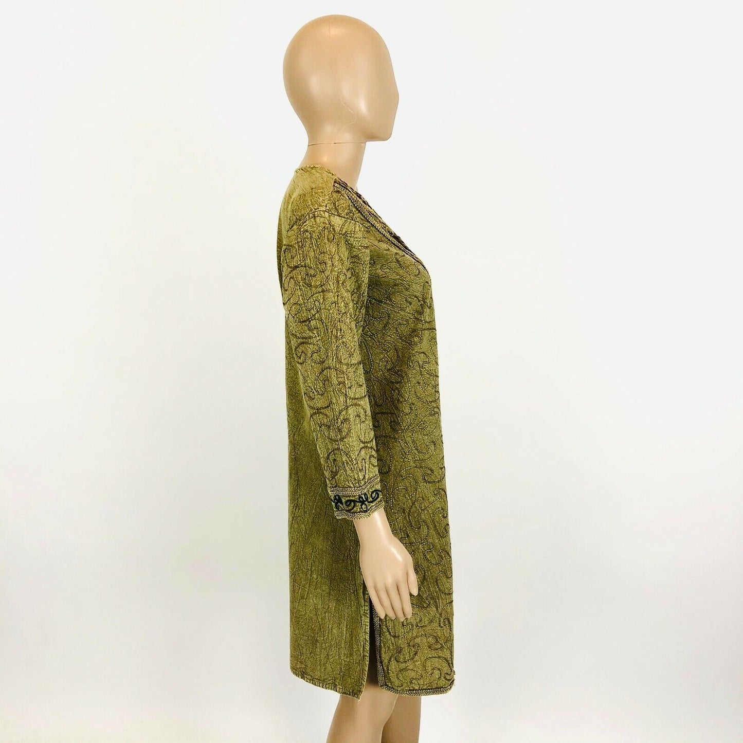 Olive Green Gold Embroided Kaftan Tunic Dress Size S