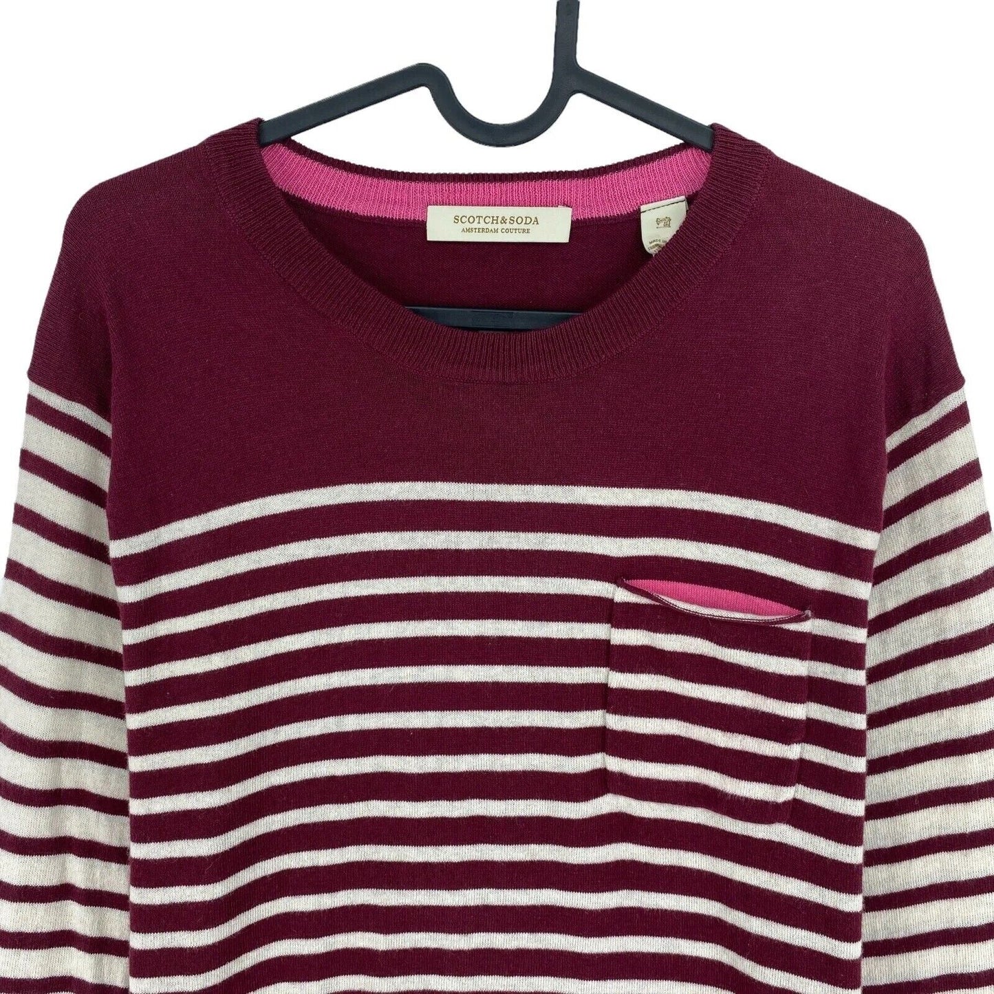 SCOTCH & SODA Mens Dark Red Striped Cotton Wool Crew Neck Sweater Jumper Size XL