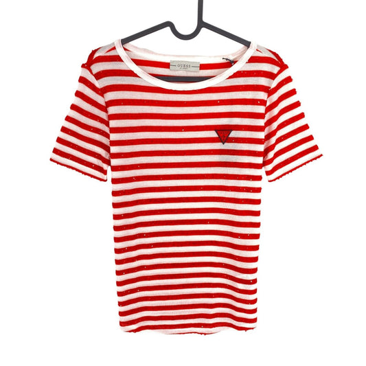 GUESS Women Red Sequin Stripes Short Sleeves T Shirt Size XS