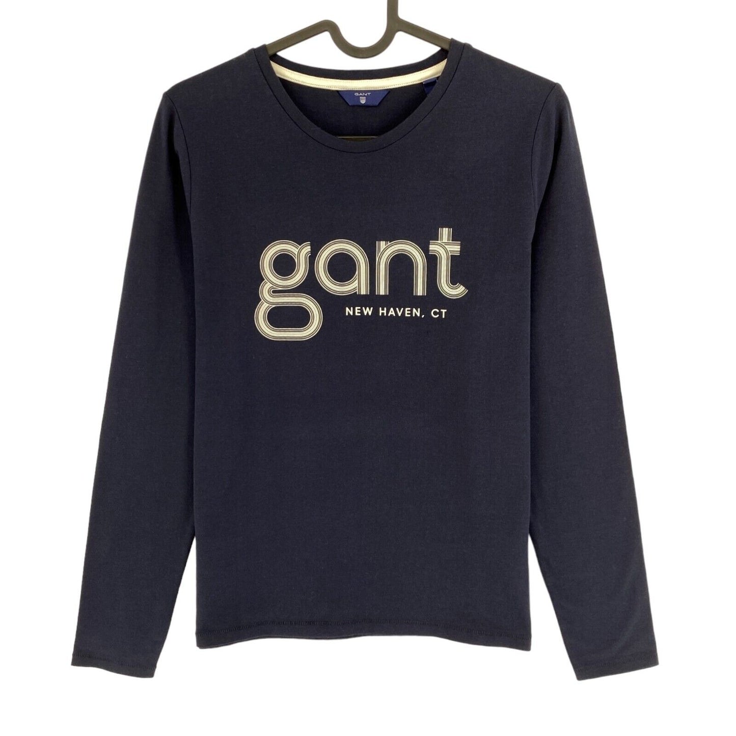 GANT T-Shirt mit Rundhalsausschnitt und langen Ärmeln, dunkelblau, gestreiftes Logo, Größe S