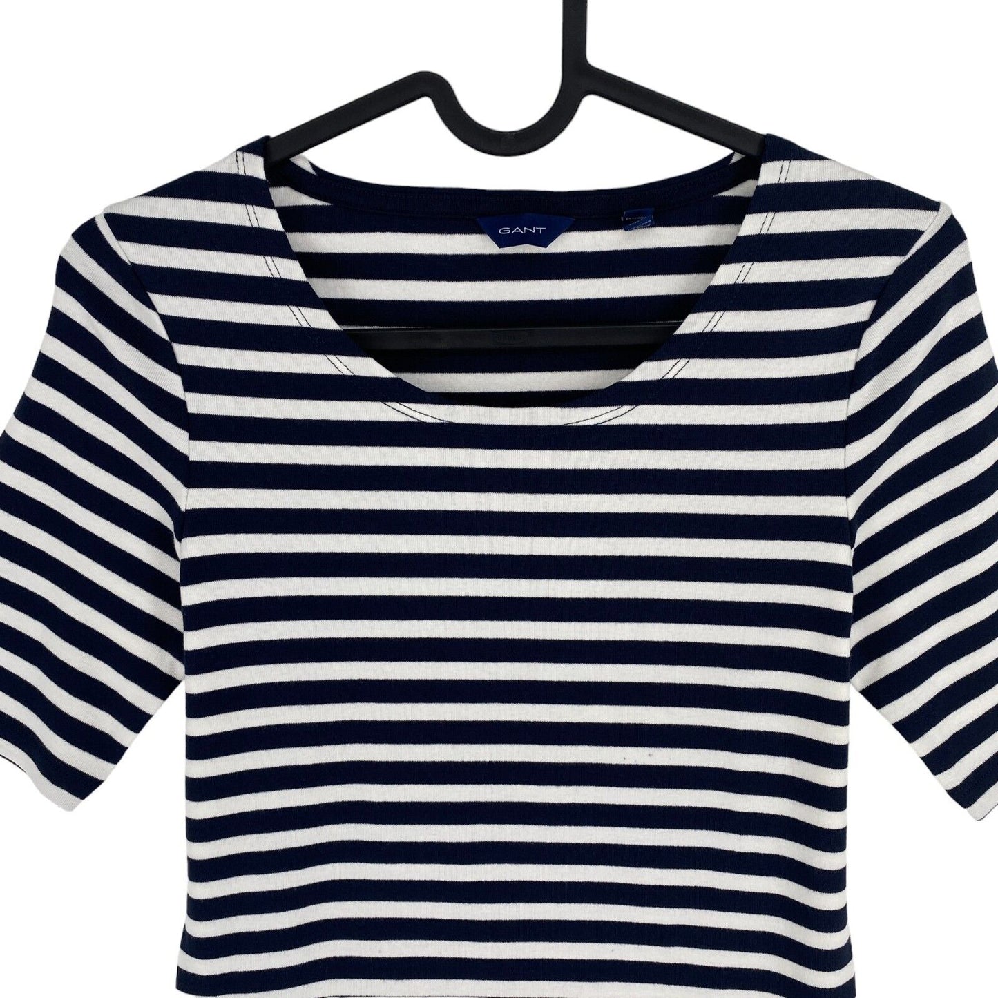 GANT Women Navy Blue Striped 1x1 Rib Crew Neck SS T Shirt Size XS