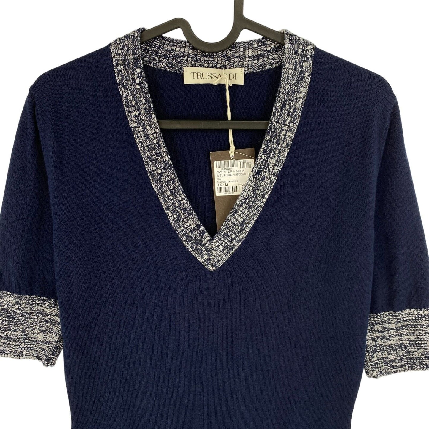 TRUSSARDI Marineblaue Strickbluse mit V-Ausschnitt und kurzen Ärmeln, Größe M