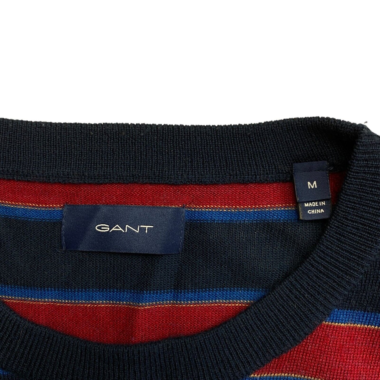 GANT Navy Blue Striped 100% Merino Wool Crew Neck Jumper Sweater Size M