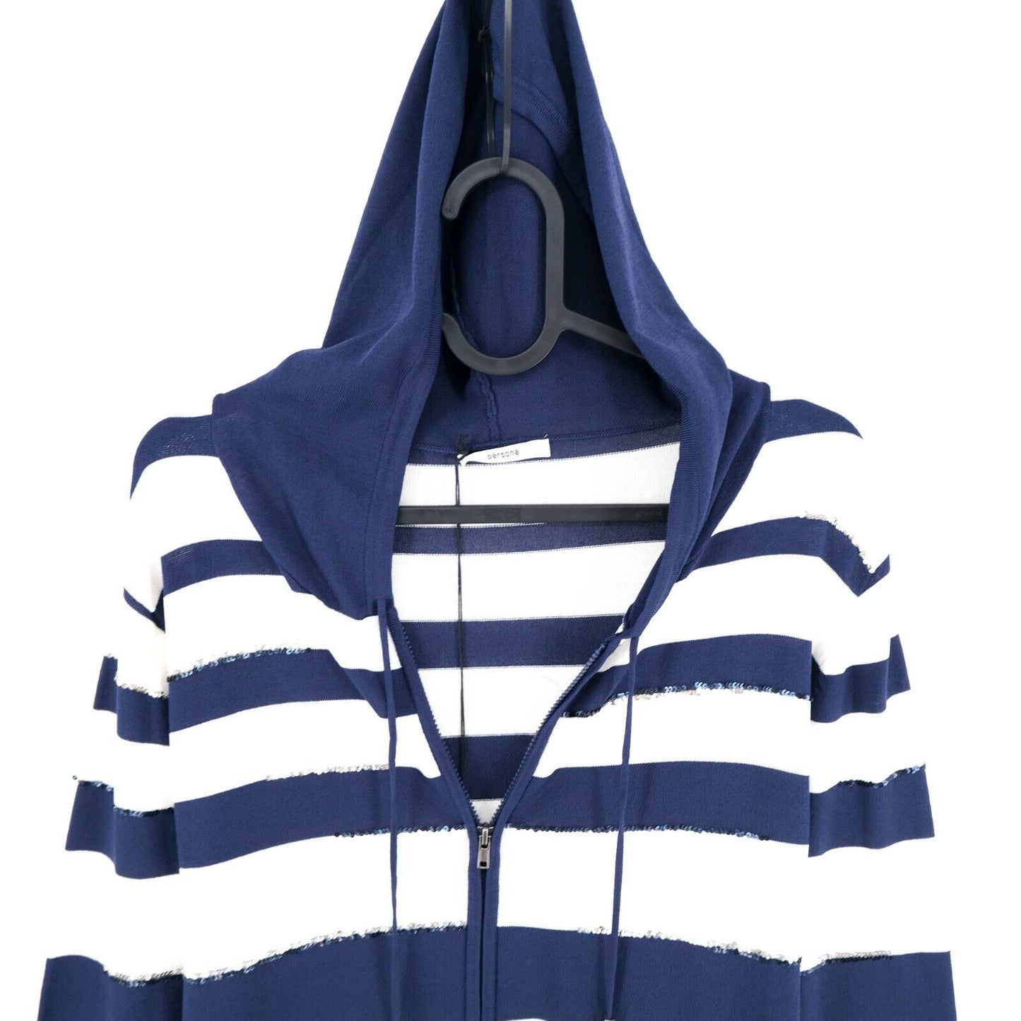 PERSONA Blue Striped Hooded V Neck Full Zip Cardigan Sweater Jumper Size S