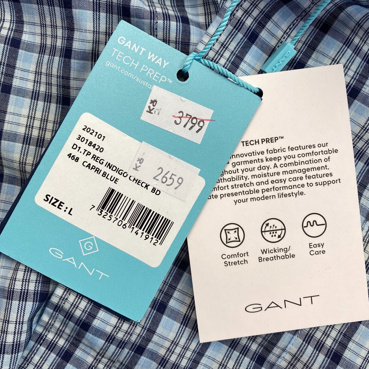 GANT Blue Tech Prep Indigo Check Regular Fit Shirt Size L 41/42 16.5