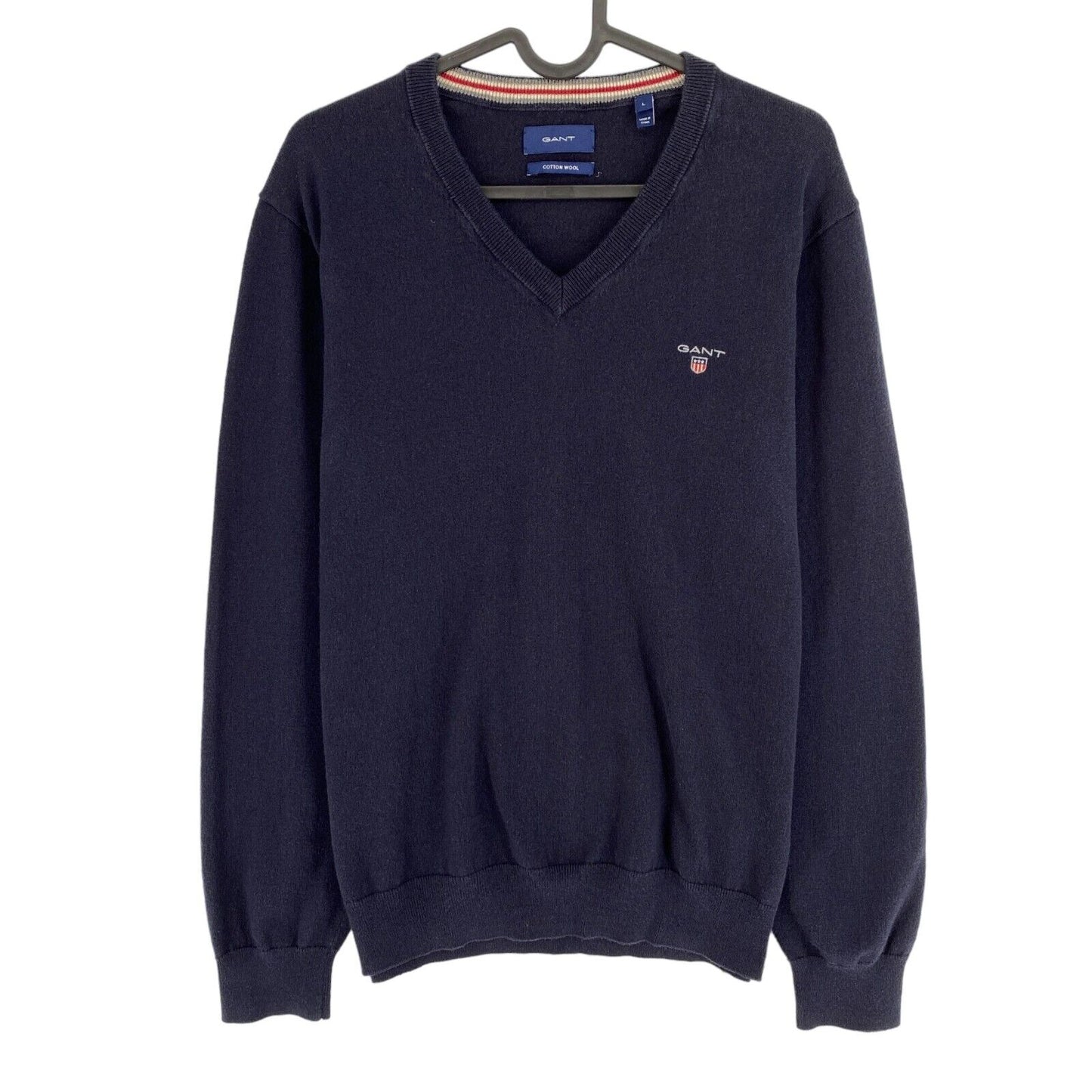 GANT Bleu Marine Coton Laine Col V Pull Pull Taille L