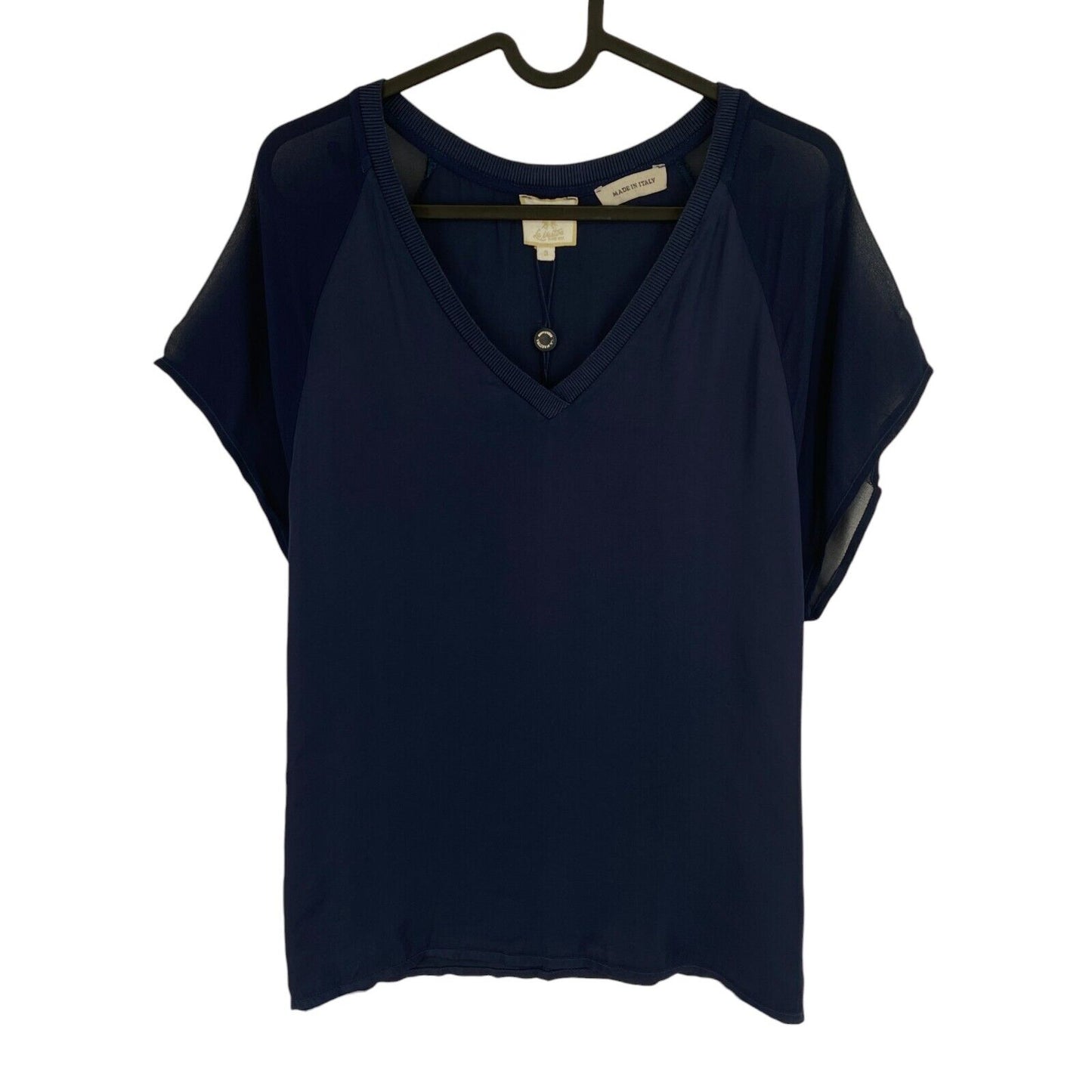 LA MARTINA Women Navy Blue V Neck Short Sleeves Blouse Size 3 / M