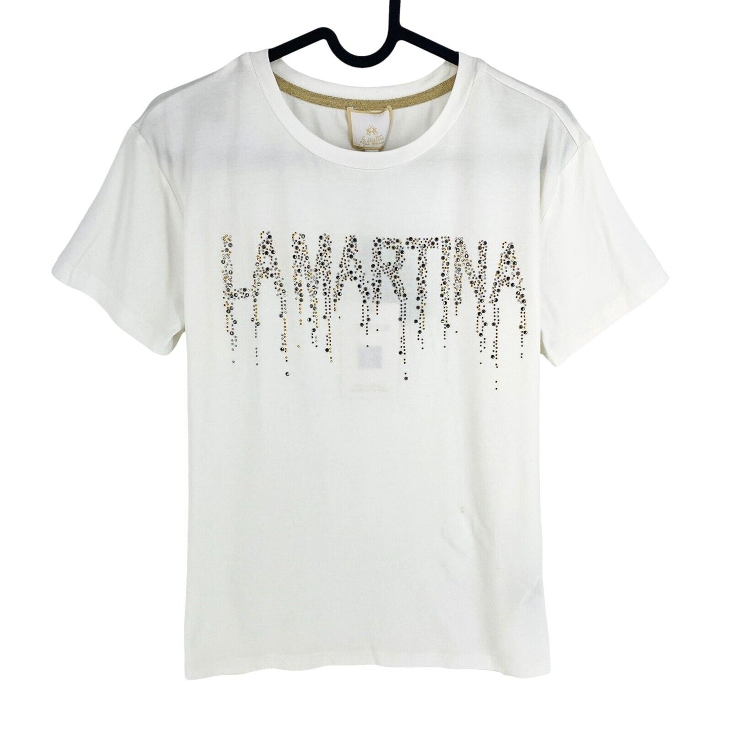 LA MARTINA Women White Rhinestone Logo Crew Neck Short Sleeve T Shirt Size 2 / S