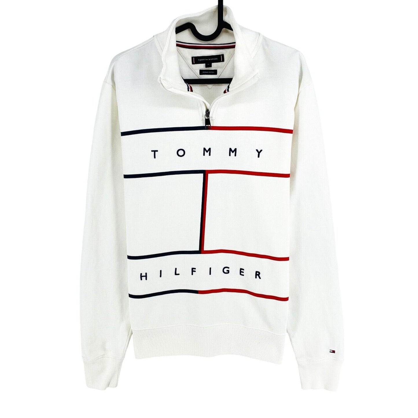 TOMMY HILFIGER White Large Flag Zip Mock Neck Sweater Jumper Size M