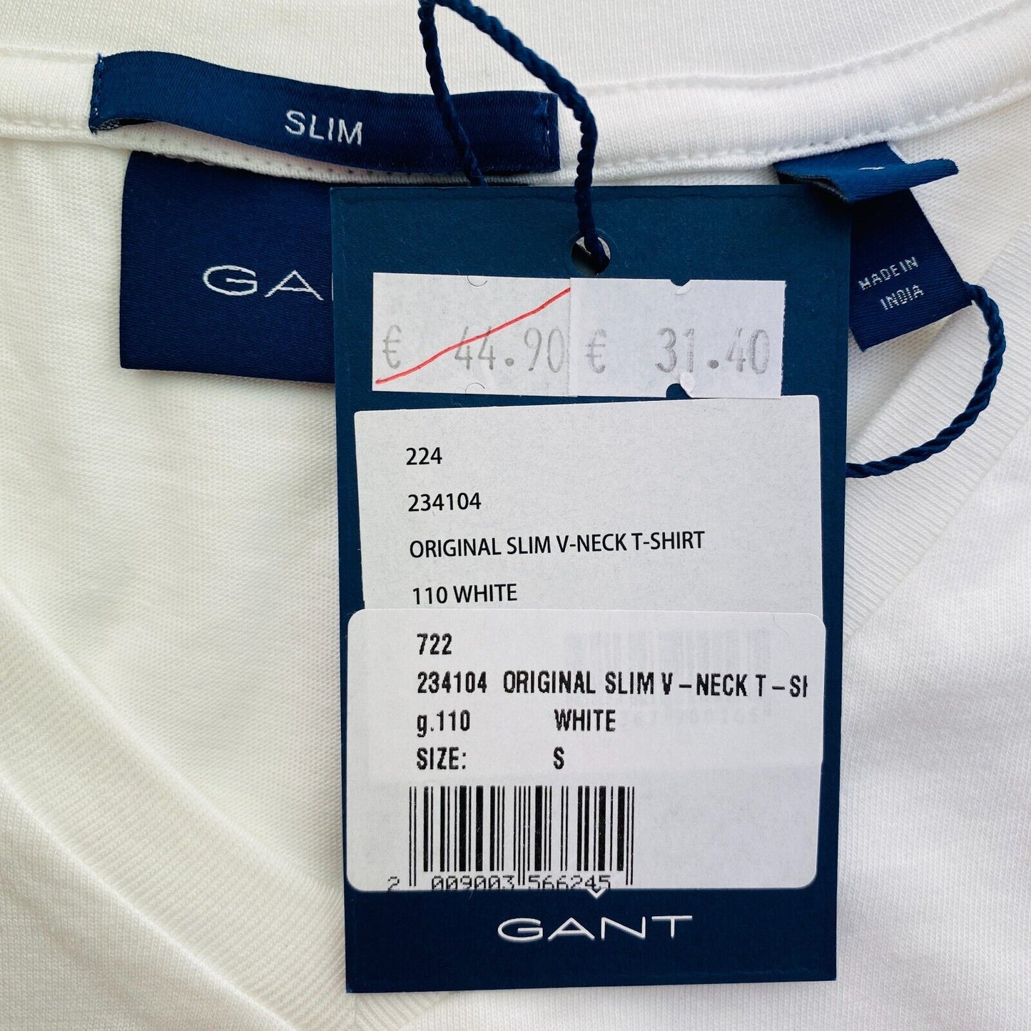 GANT Men White Original Slim Fit V Neck Short Sleeve T-Shirt Size S