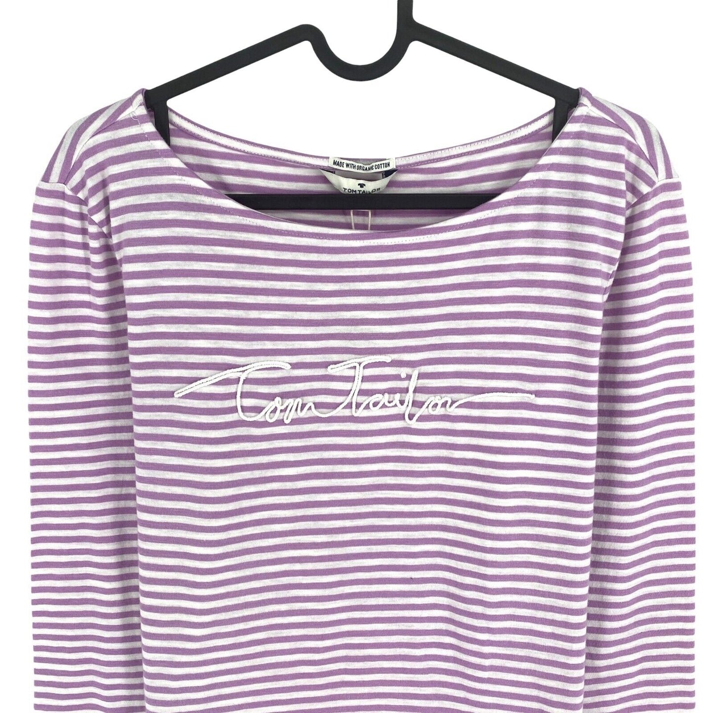 TOM TAILOR Women Light Purple Striped Boat Neck Long Sleeve T Shirt Size M