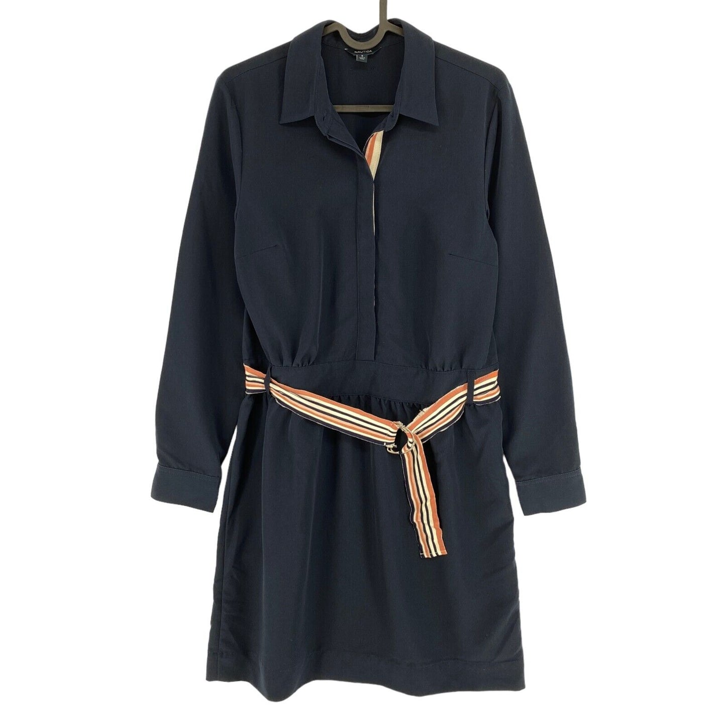 NAUTICA Navy Blue Belted Long Sleeves Shirt Dress Size S