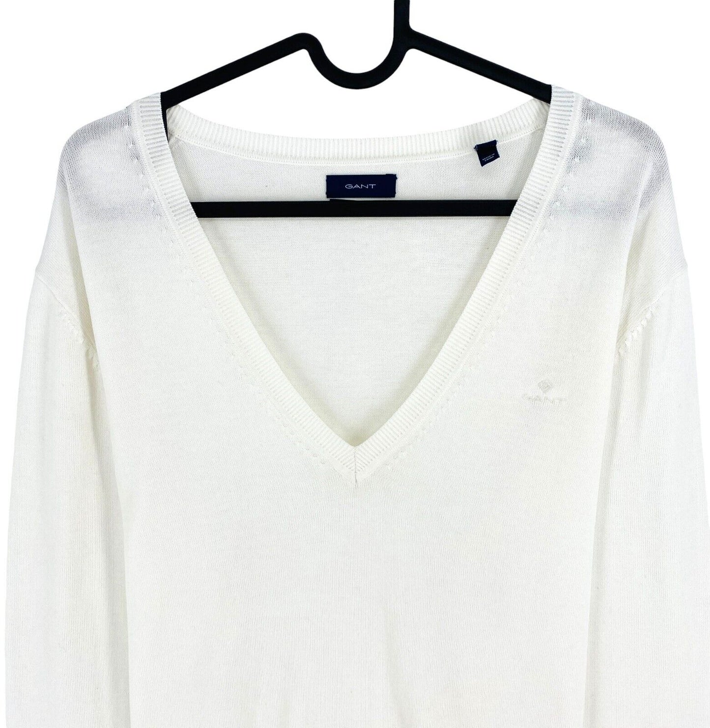 GANT Women White Light Cotton V Neck Jumper Sweater Size L