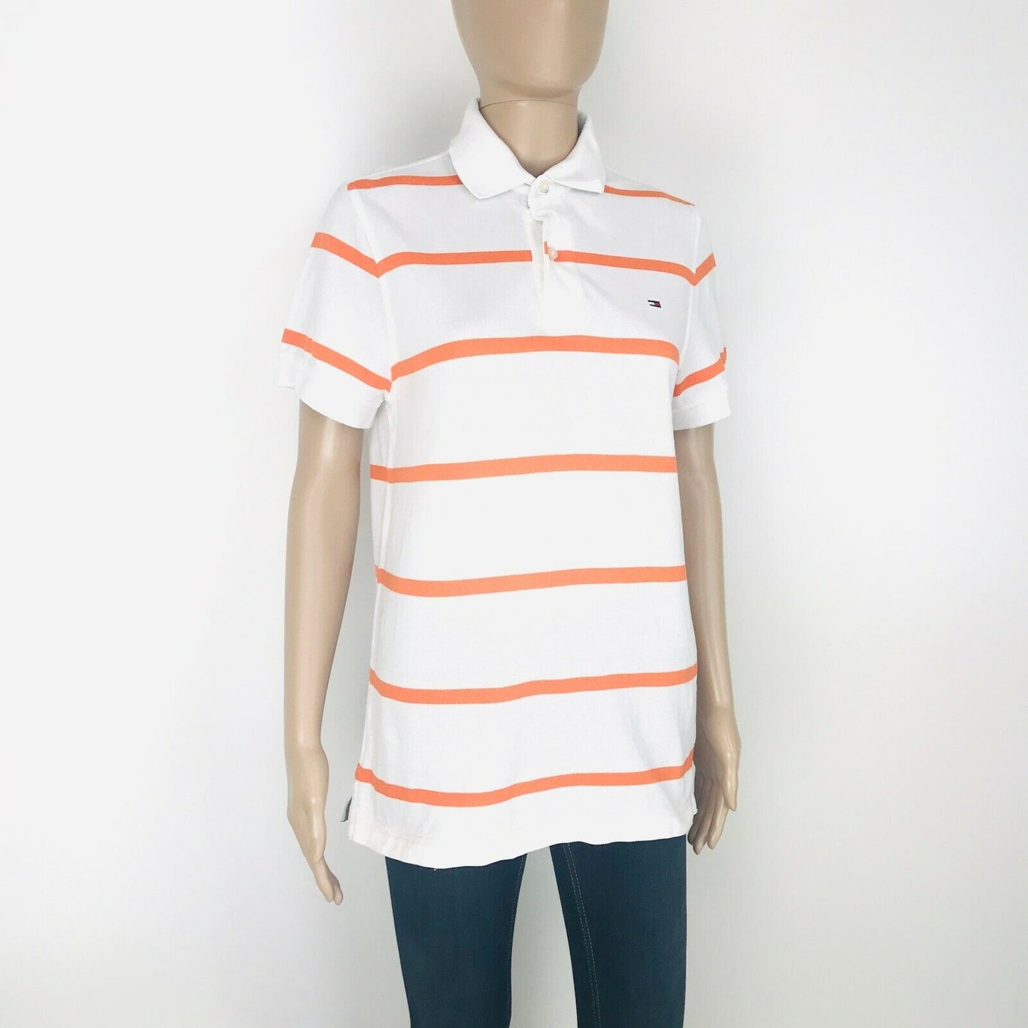 Tommy Hilfiger Women's Custom Fit White And Orange Striped Polo Shirt Size XS