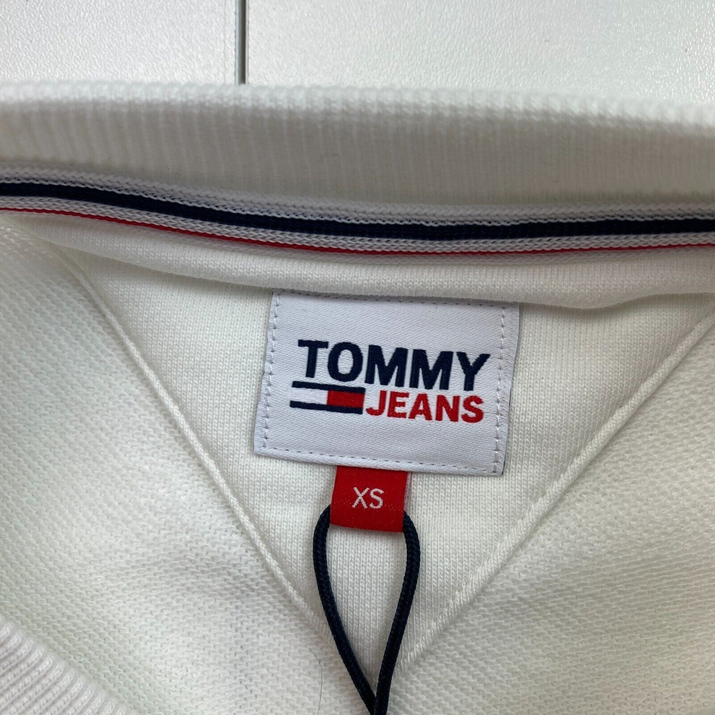 TOMMY HILFIGER JEANS White Crop College Logo Crew Neck Sweater Jumper Size XS