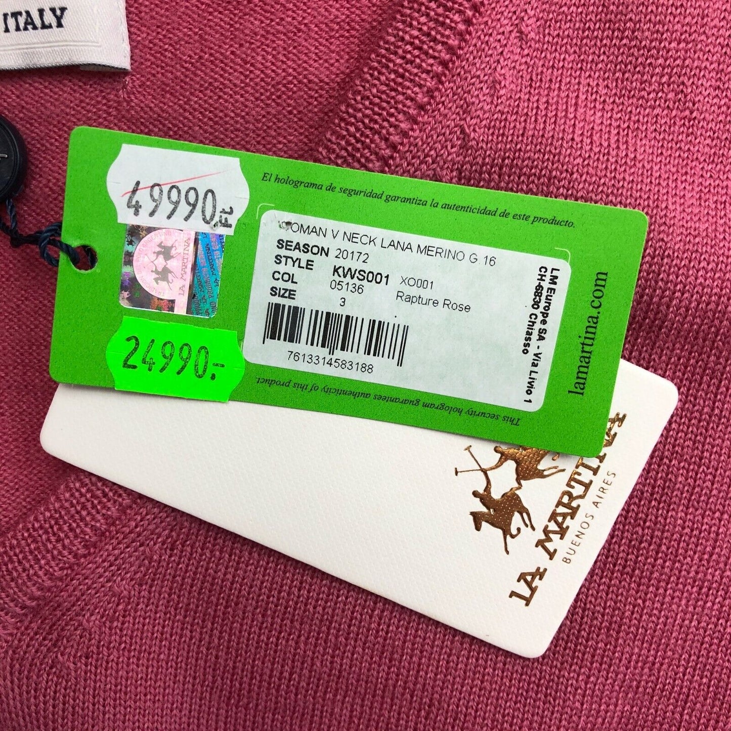 LA MARTINA Pullover mit V-Ausschnitt, 100 % Merinowolle, Rosa, Größe 3/L