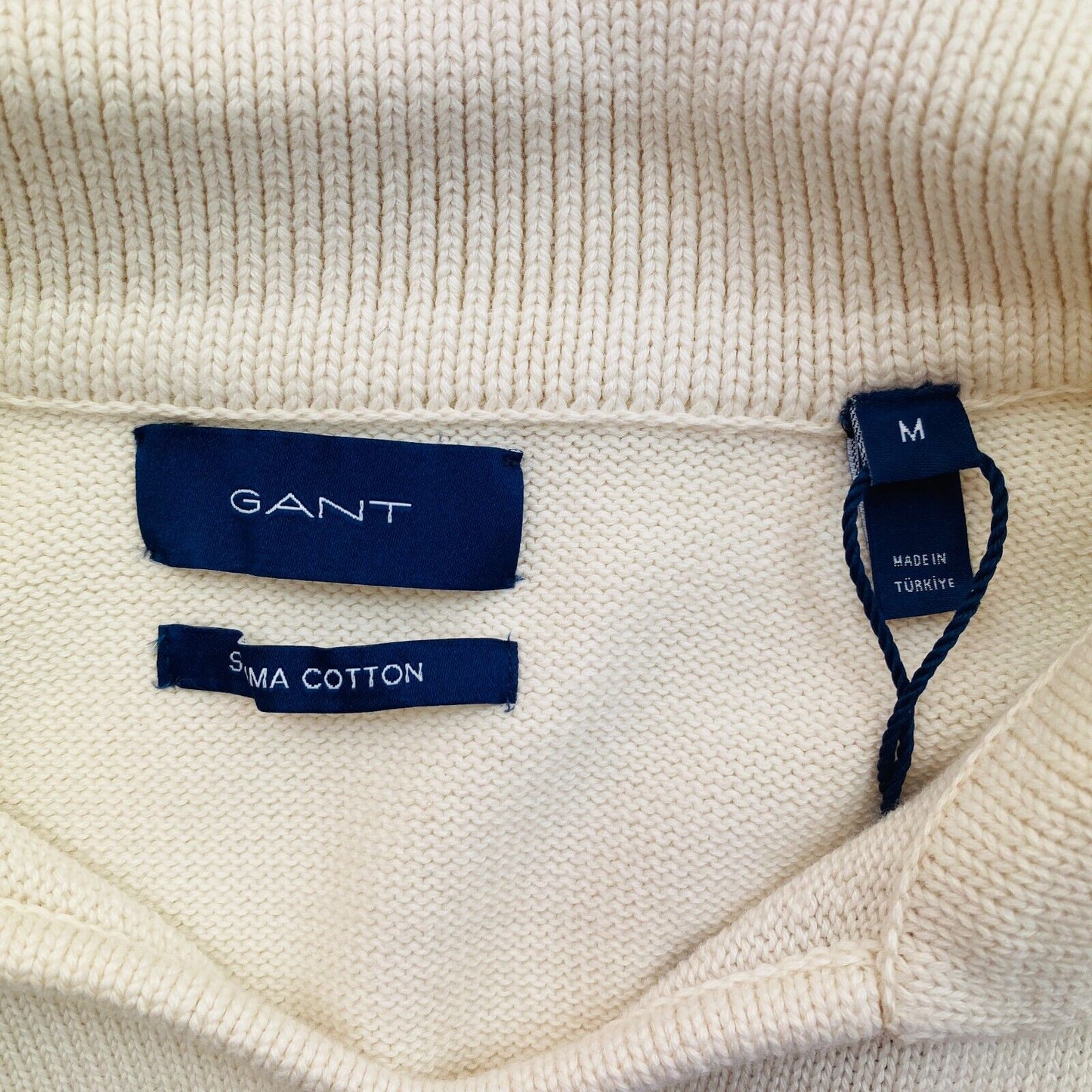 GANT Beige gestreifter Polopullover mit V-Ausschnitt, Größe M