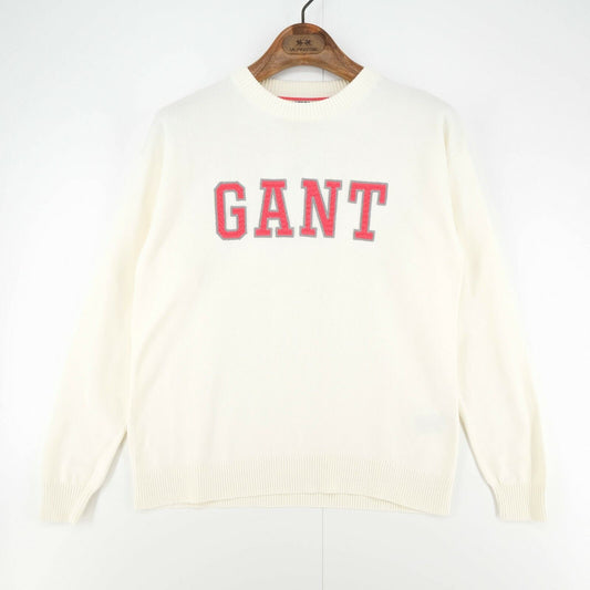 GANT White Crew Neck 100% Cotton Big Logo Jumper Sweater Pullover Size XS