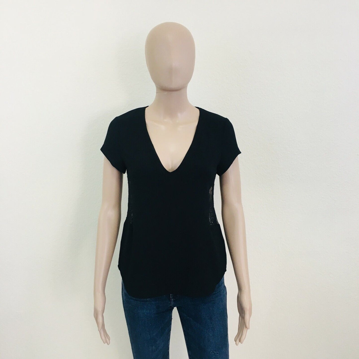 ZARA Noir V Neck T Shirt Top Blouse Taille XS