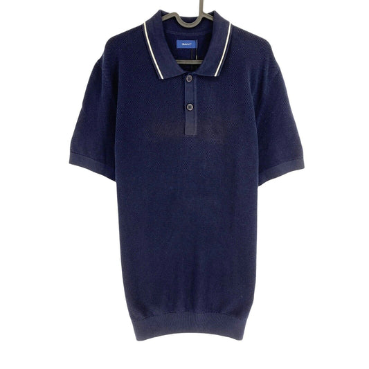 GANT Men Navy Blue Texture Pique Rugger SS Polo Shirt Size XL