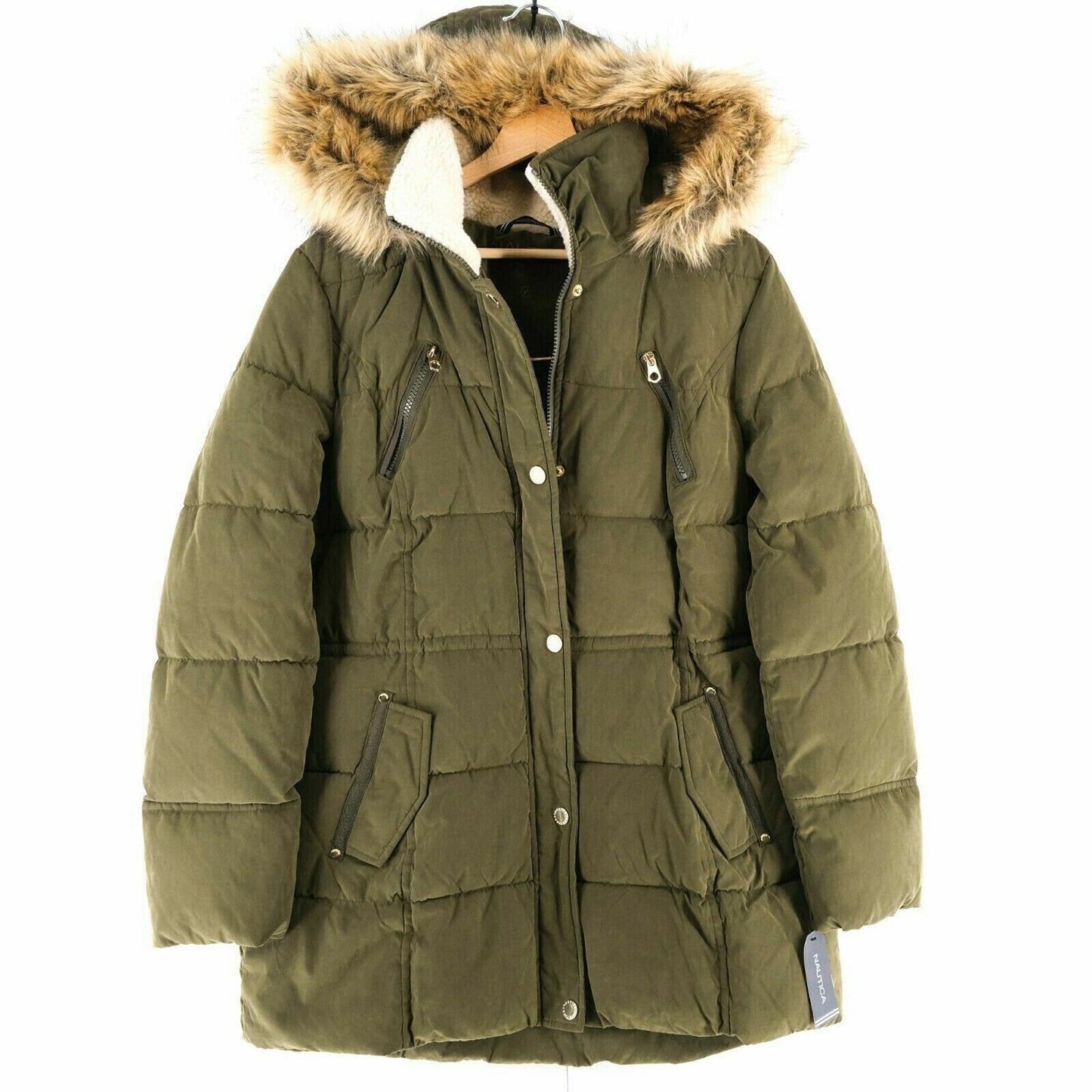 NAUTICA Olive Green Hooded Padded Puffer Jacket Parka Coat Size US M EUR L