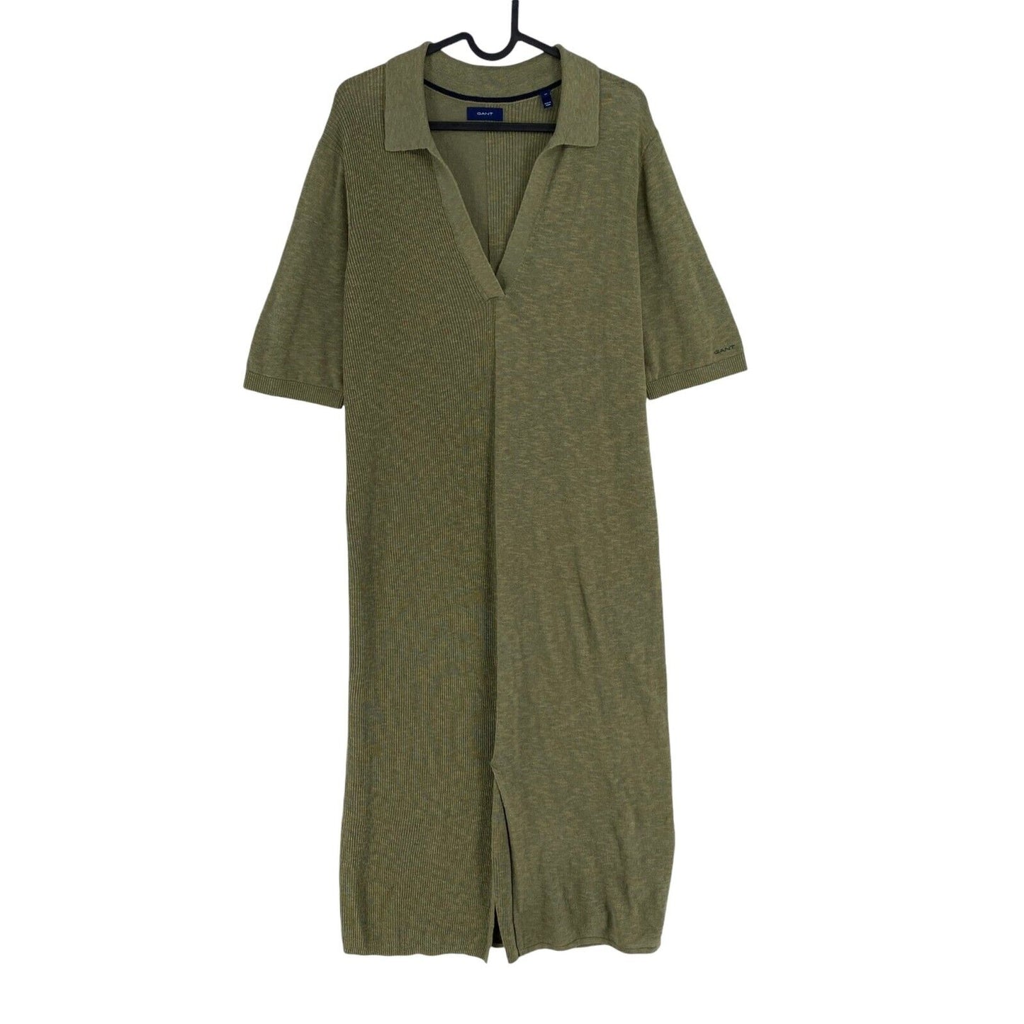 GANT Women Green Ribbed Rugger Cotton Linen Silk Short Sleeves Polo Dress Size M