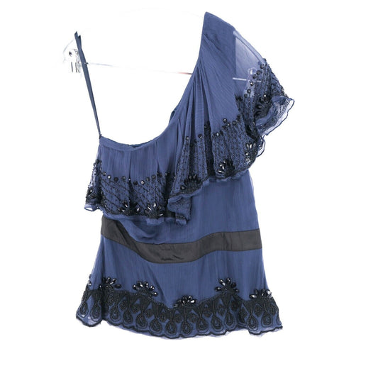 FRENCH CONNECTION Bleu Foncé Une Épaule Perlée Top Blouse Taille 10 - S