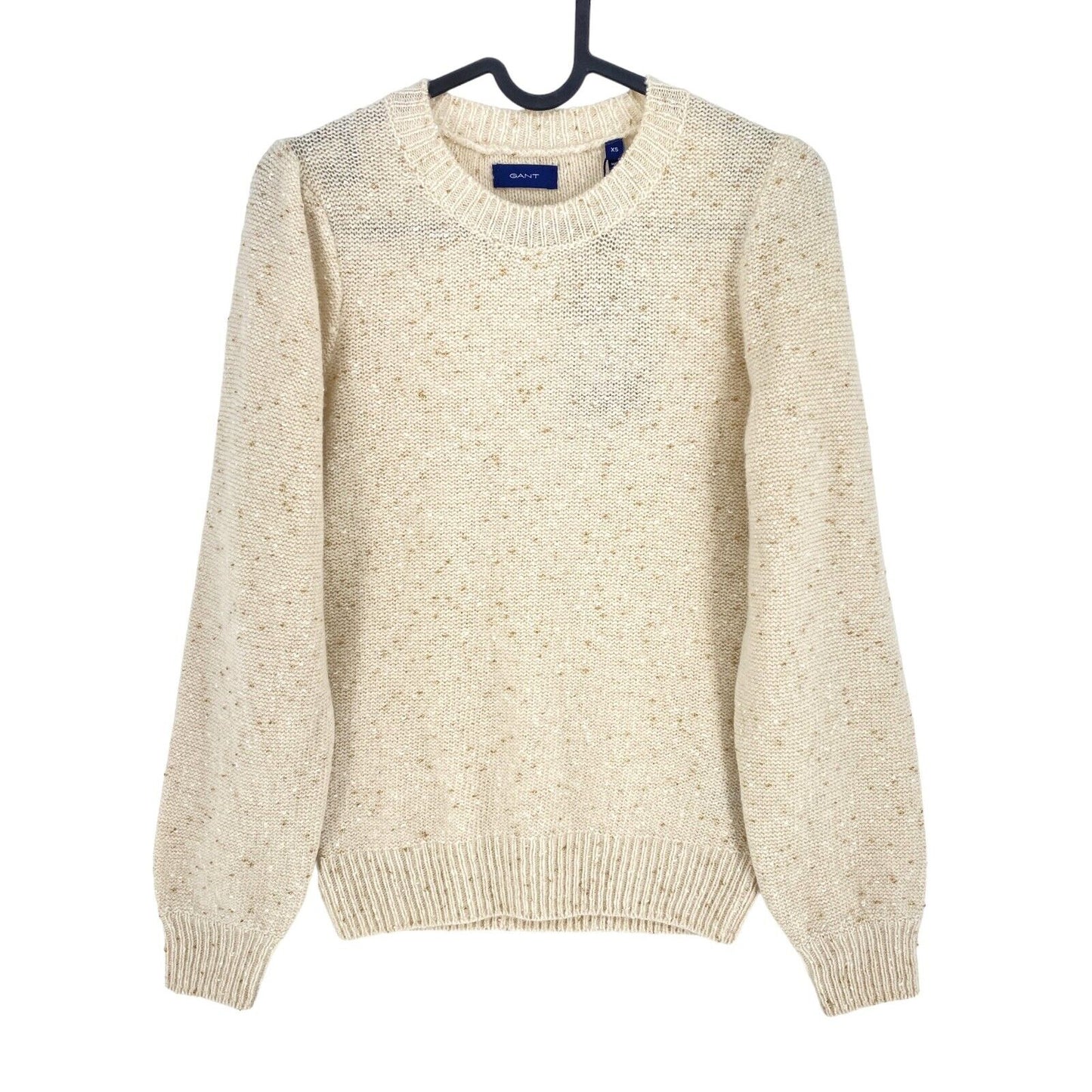 GANT Beige glitzernder Pullover aus Wollmischung mit Rundhalsausschnitt, Größe M