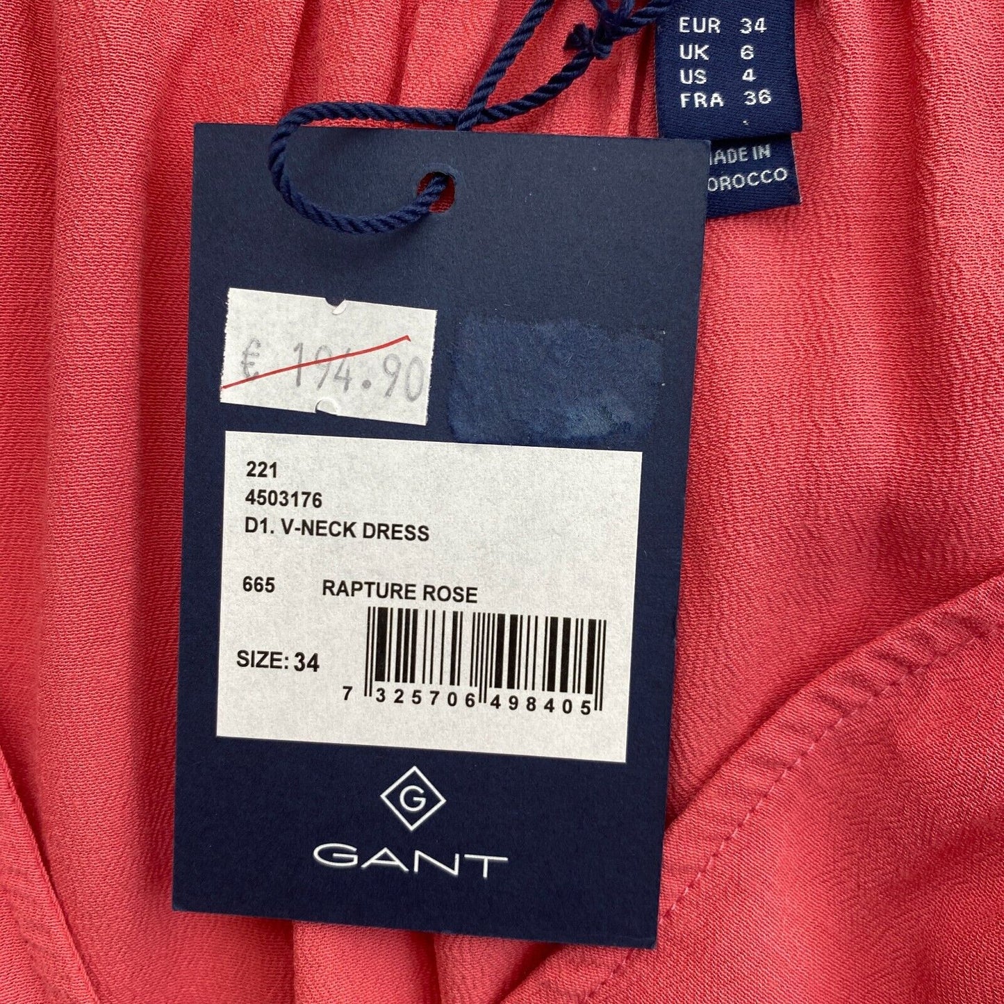 GANT Rosa ausgestelltes Kleid mit V-Ausschnitt, Größe EU 34 UK 6 US 4