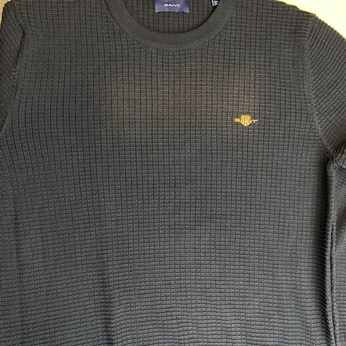 GANT Men Navy Blue Cotton Texture Crew Neck Sweater Jumper Size M