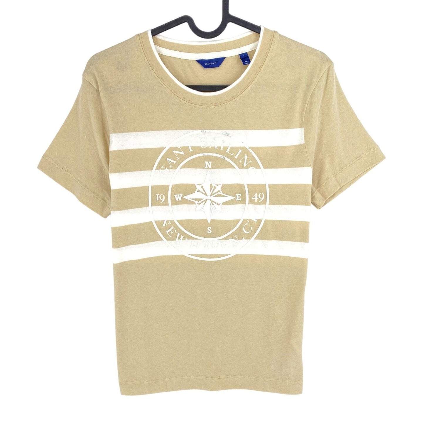 GANT Women Beige Printed Striped Crew Neck Short Sleeve T Shirt Size S