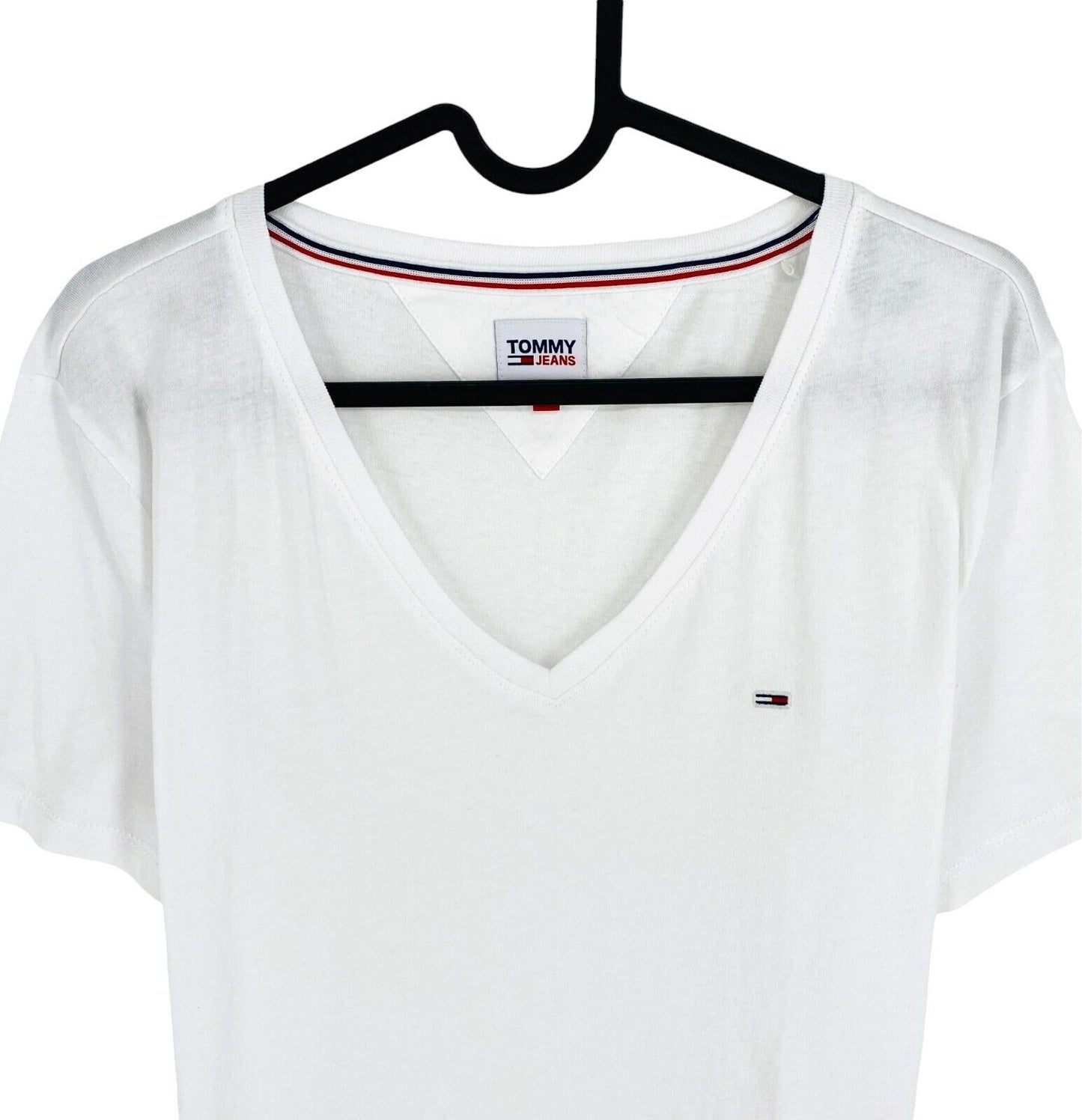 TOMMY HILFIGER JEANS Women White V Neck Short Sleeve T Shirt Size XL