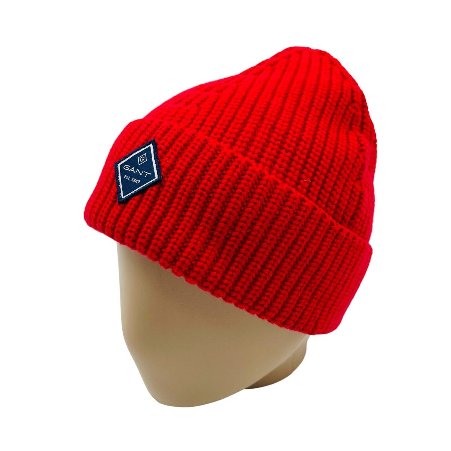 GANT Red Unisex Cotton Wool Blend Chunky Knit Beanie Hat One Size